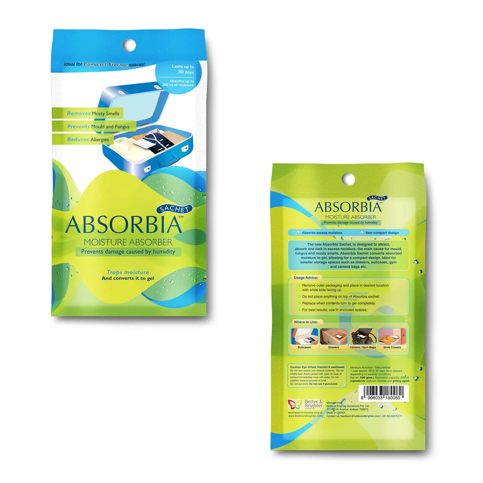 Absorbia Moisture Absorber Sachet(100g each)-Season Pack of 6(Absobs upto 200ml Each) and Natural Camphor(Kapoor) Diamond shape for Equal Dispersion(60g X 2) with Fragrance of Lemon & Mogra