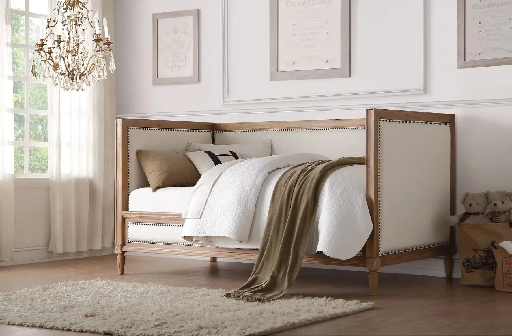 Alayah Twin Daybed, Cream Linen & Salvage Oak