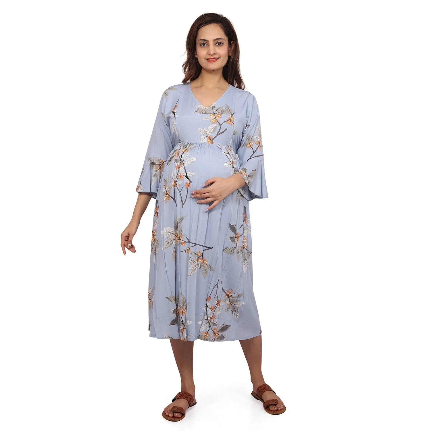 Baby Moo Half Bell Sleeves Comfortable Nursing And Maternity Dress Flower Print - Blue