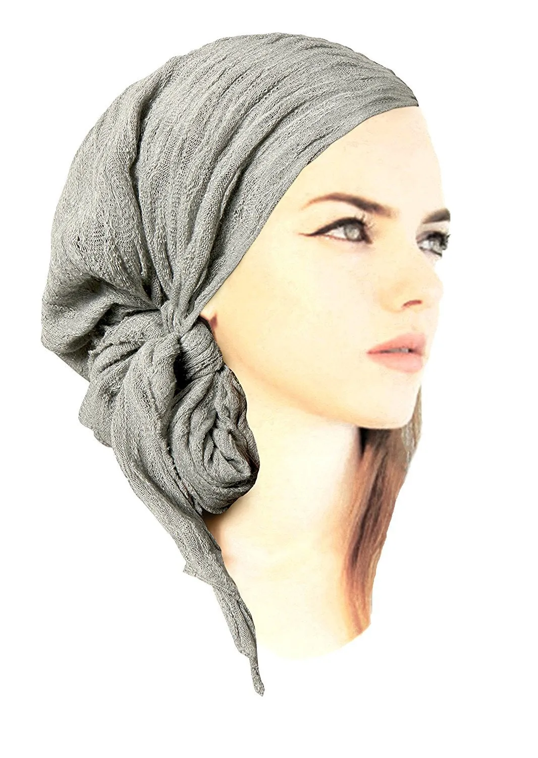 Boho Chic Grey Pre-tied Head-Scarf Tichel Textured Breathable Knit Collection In Our SIlver Ribbed Sparkle Knit! (Gray sparkle knit long - 406)