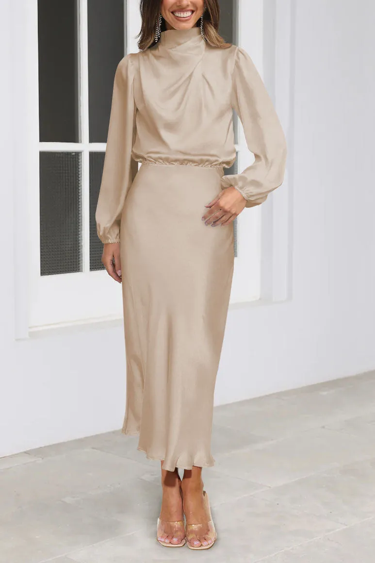 Chic Satin Long Sleeve Midi High Neck Dress