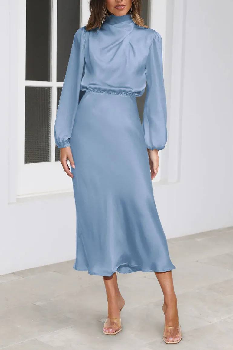 Chic Satin Long Sleeve Midi High Neck Dress