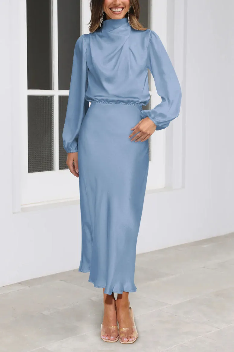 Chic Satin Long Sleeve Midi High Neck Dress