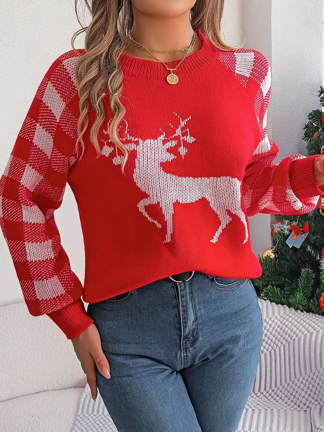 Christmas Women's Plaid Deer  Sweater