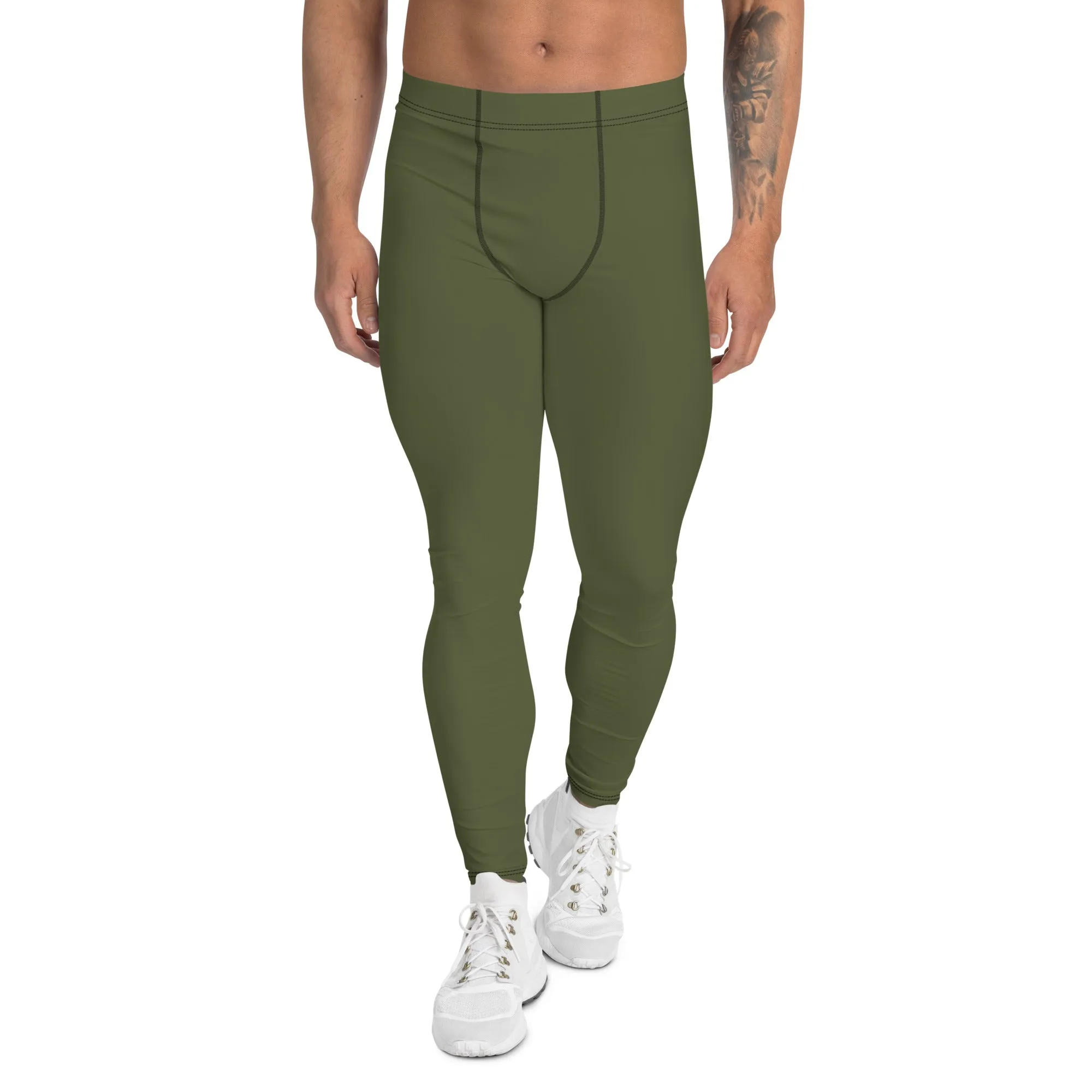 Dirty Green Solid Men's Leggings, Solid Dark Green Color Men's Running Sports Gym Tights