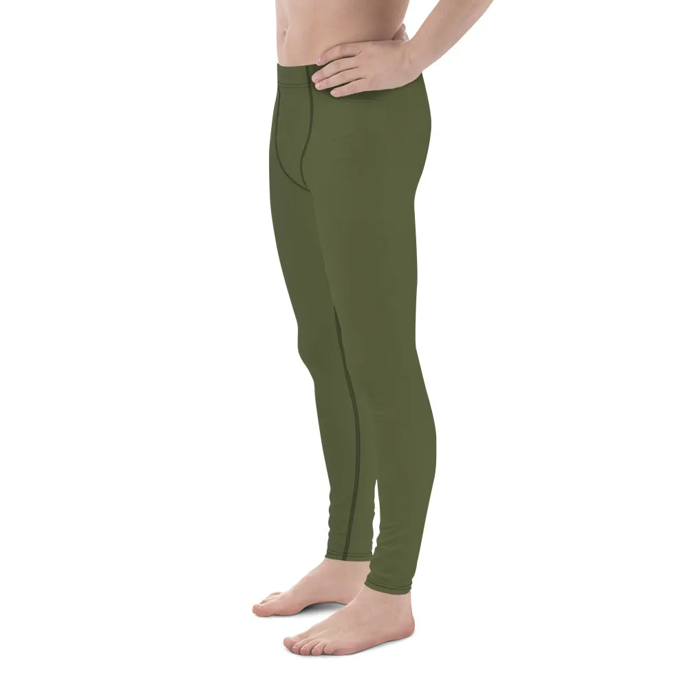 Dirty Green Solid Men's Leggings, Solid Dark Green Color Men's Running Sports Gym Tights