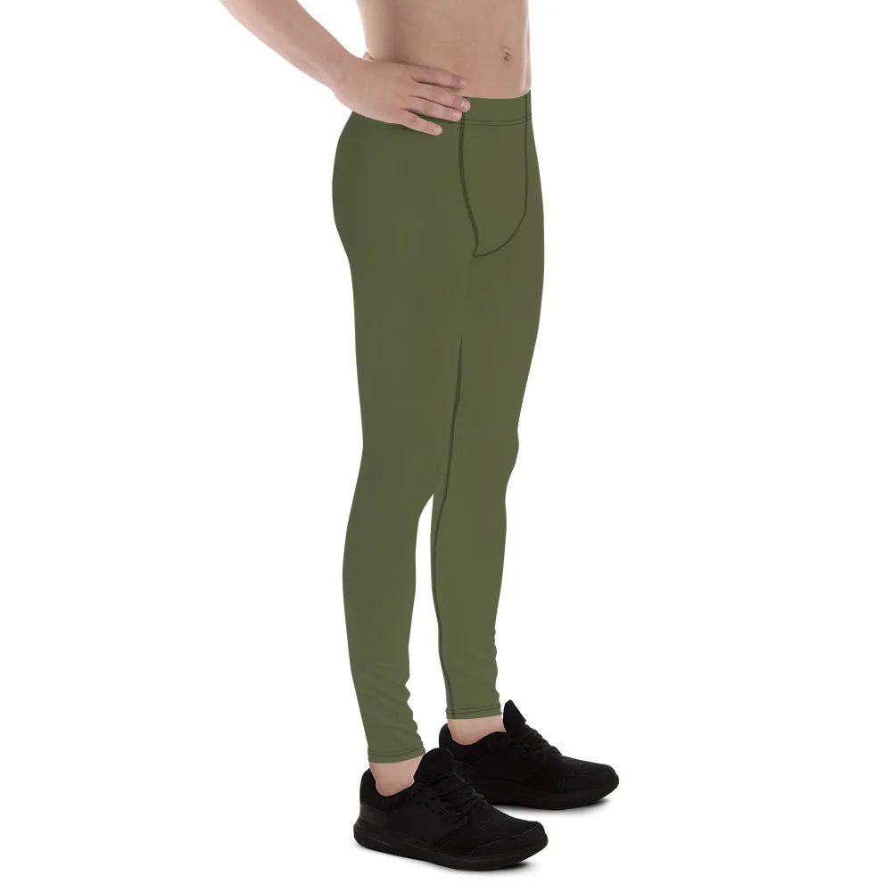 Dirty Green Solid Men's Leggings, Solid Dark Green Color Men's Running Sports Gym Tights