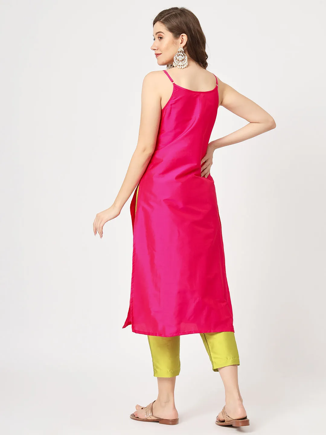 Festive Embroidered Strappy Kurta With Contrasting Pants