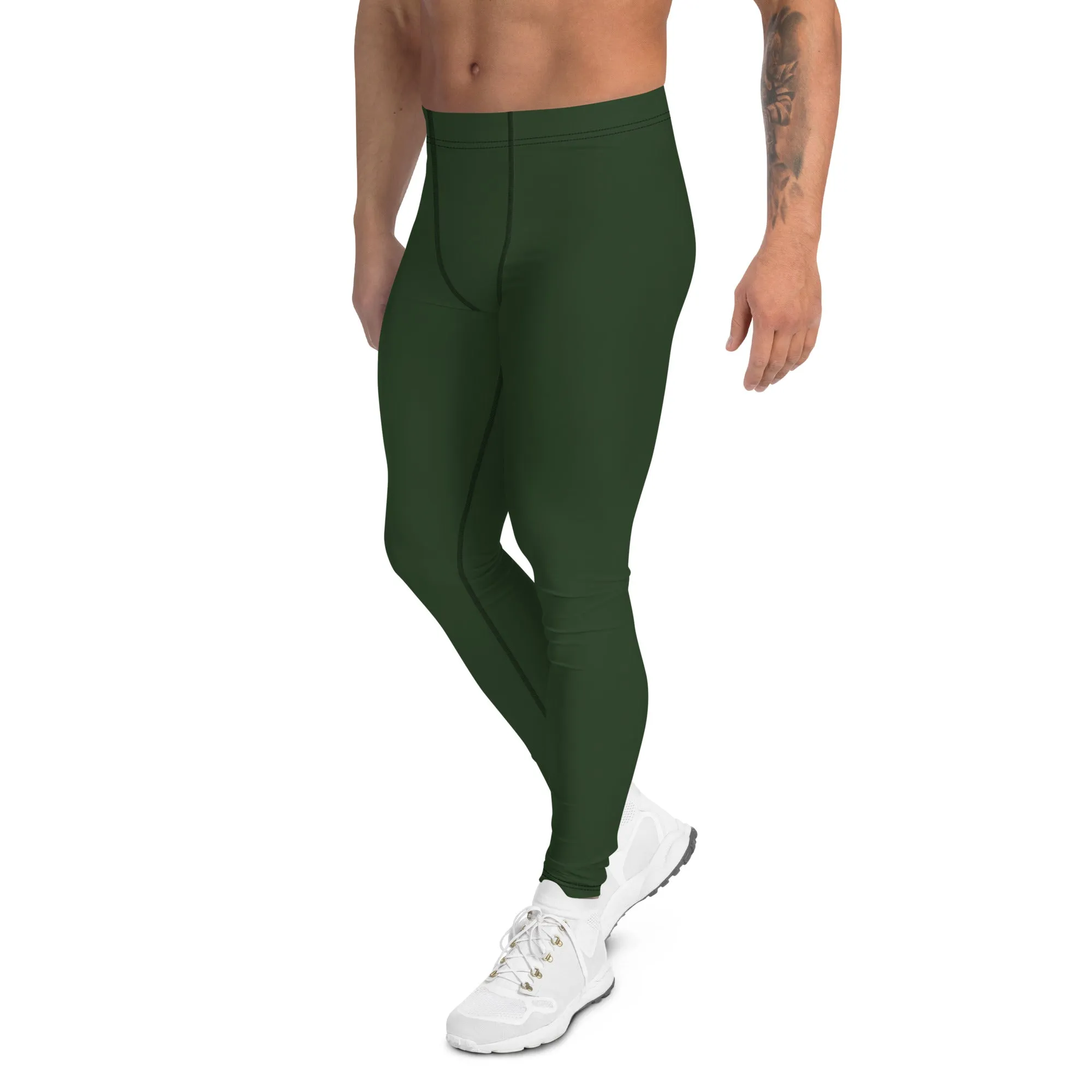 Forest Green Solid Men's Leggings, Dark Pine Tree Green Color Men's Running Sports Gym Tights For Men - Made in USA/EU/MX