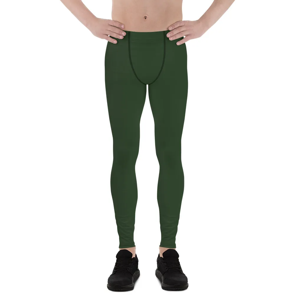 Forest Green Solid Men's Leggings, Dark Pine Tree Green Color Men's Running Sports Gym Tights For Men - Made in USA/EU/MX