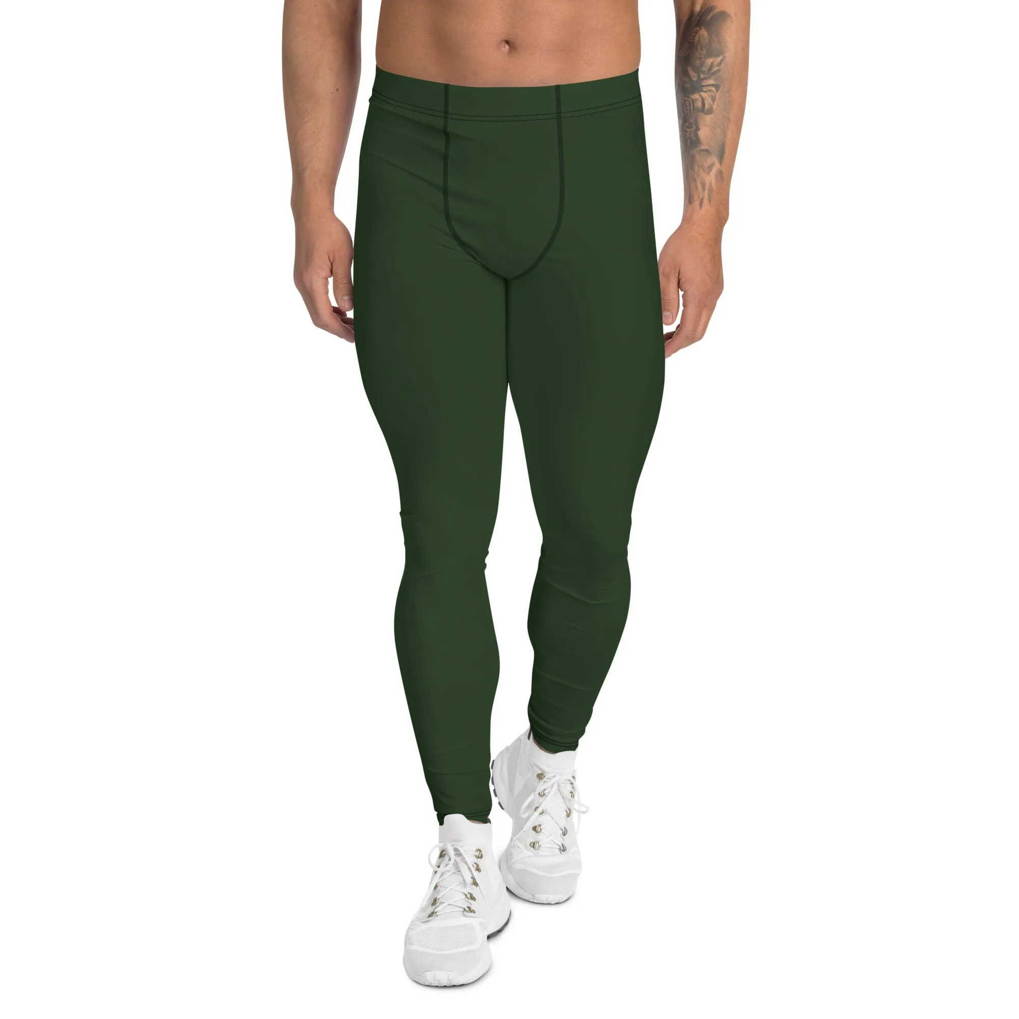 Forest Green Solid Men's Leggings, Dark Pine Tree Green Color Men's Running Sports Gym Tights For Men - Made in USA/EU/MX