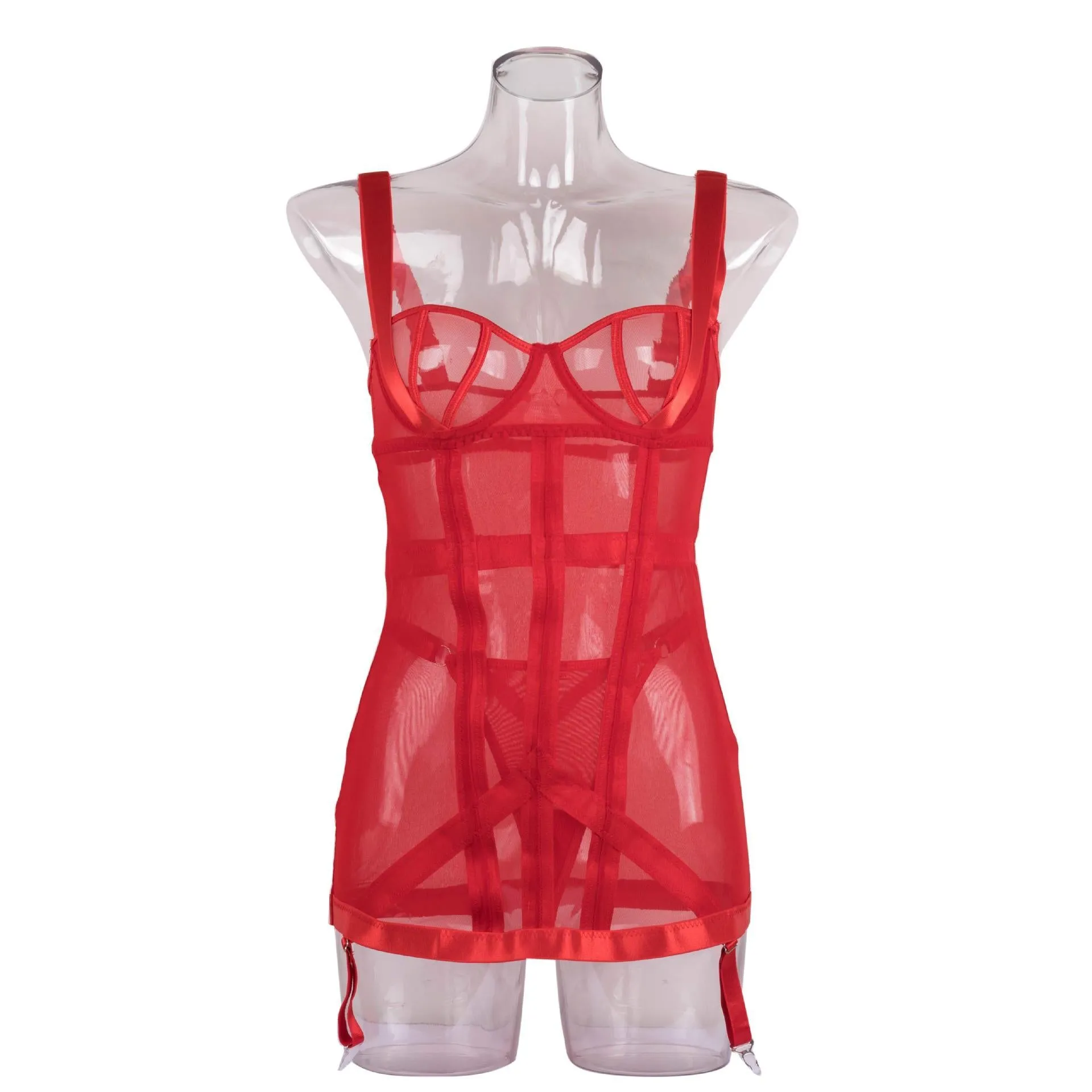 Heavy Craft Mesh Stitching Light Belt Jumpsuit Garter T-back