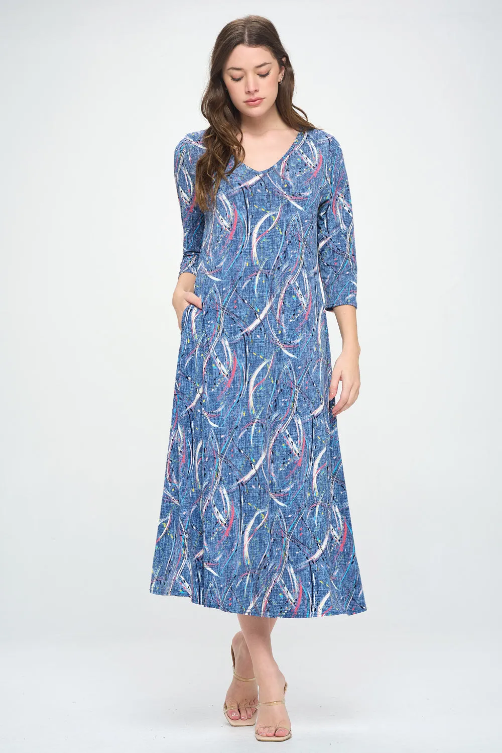 HIT V-Neck Long Dress W/Pocket-7085HT-QRP1-K-W386