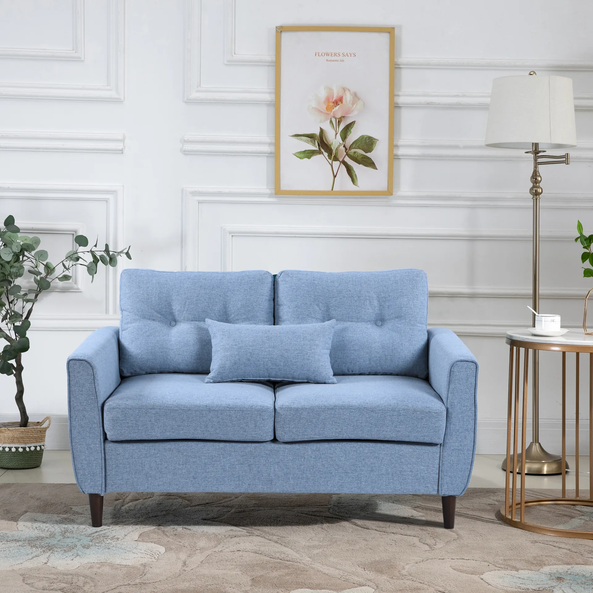 HOMCOM 2 Seat Sofa Loveseat - Light Blue Fabric, Wooden Legs, Tufted Design for Living Room, Office