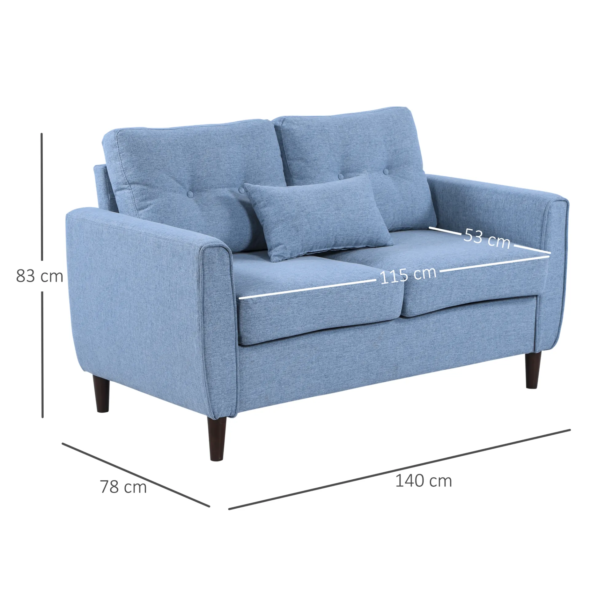 HOMCOM 2 Seat Sofa Loveseat - Light Blue Fabric, Wooden Legs, Tufted Design for Living Room, Office