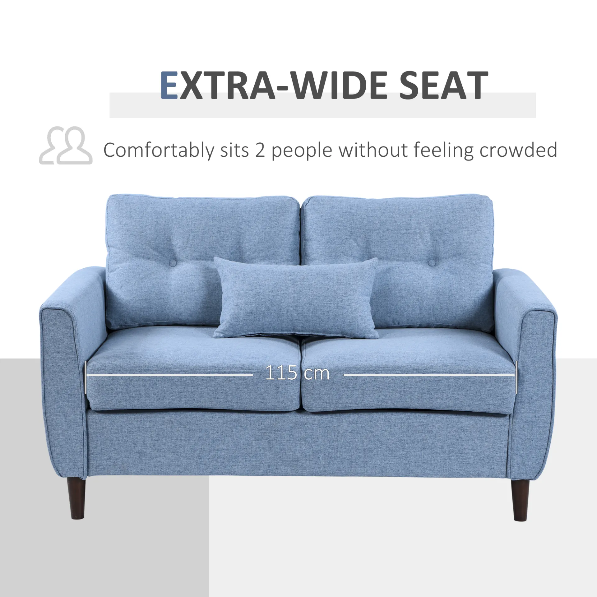 HOMCOM 2 Seat Sofa Loveseat - Light Blue Fabric, Wooden Legs, Tufted Design for Living Room, Office