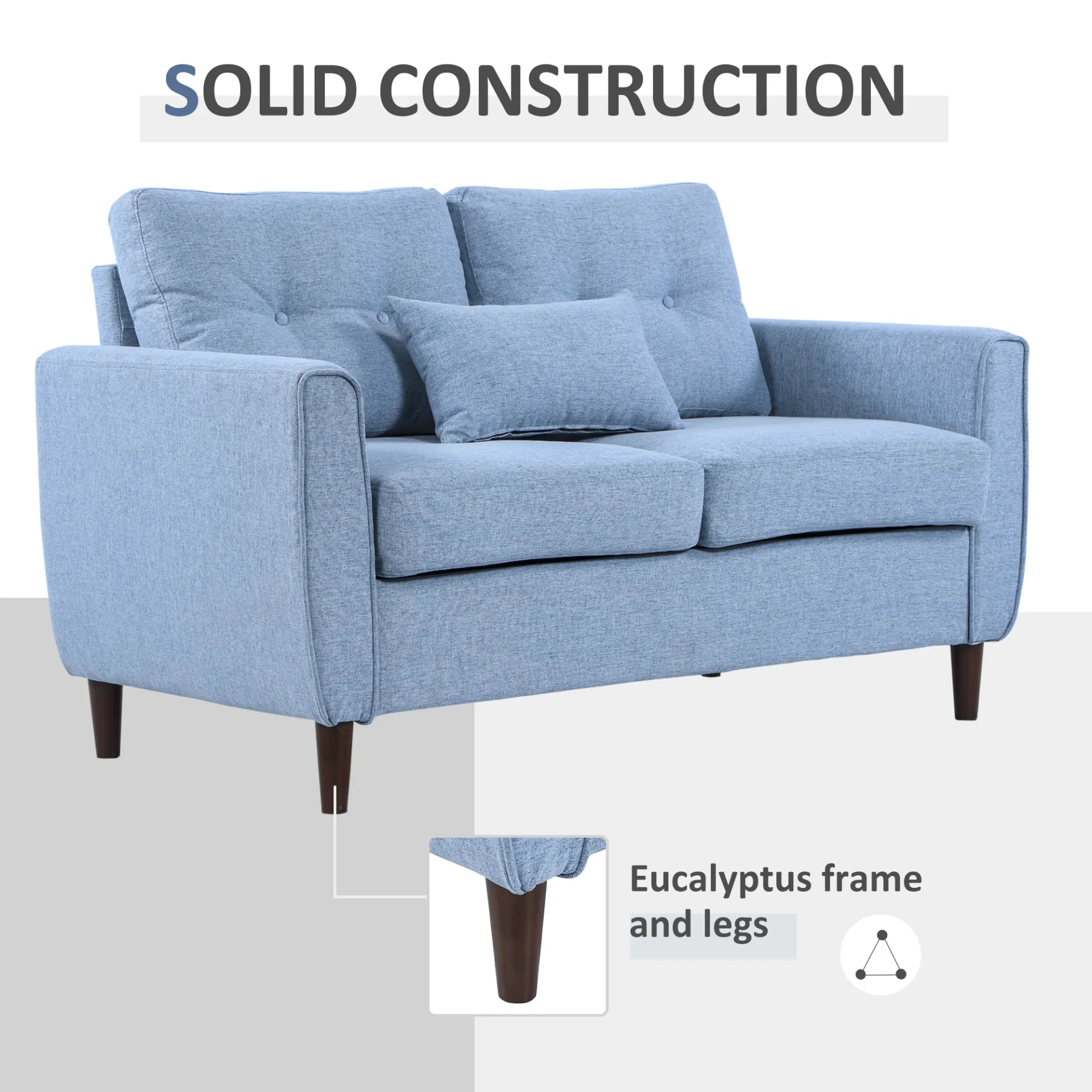 HOMCOM 2 Seat Sofa Loveseat - Light Blue Fabric, Wooden Legs, Tufted Design for Living Room, Office