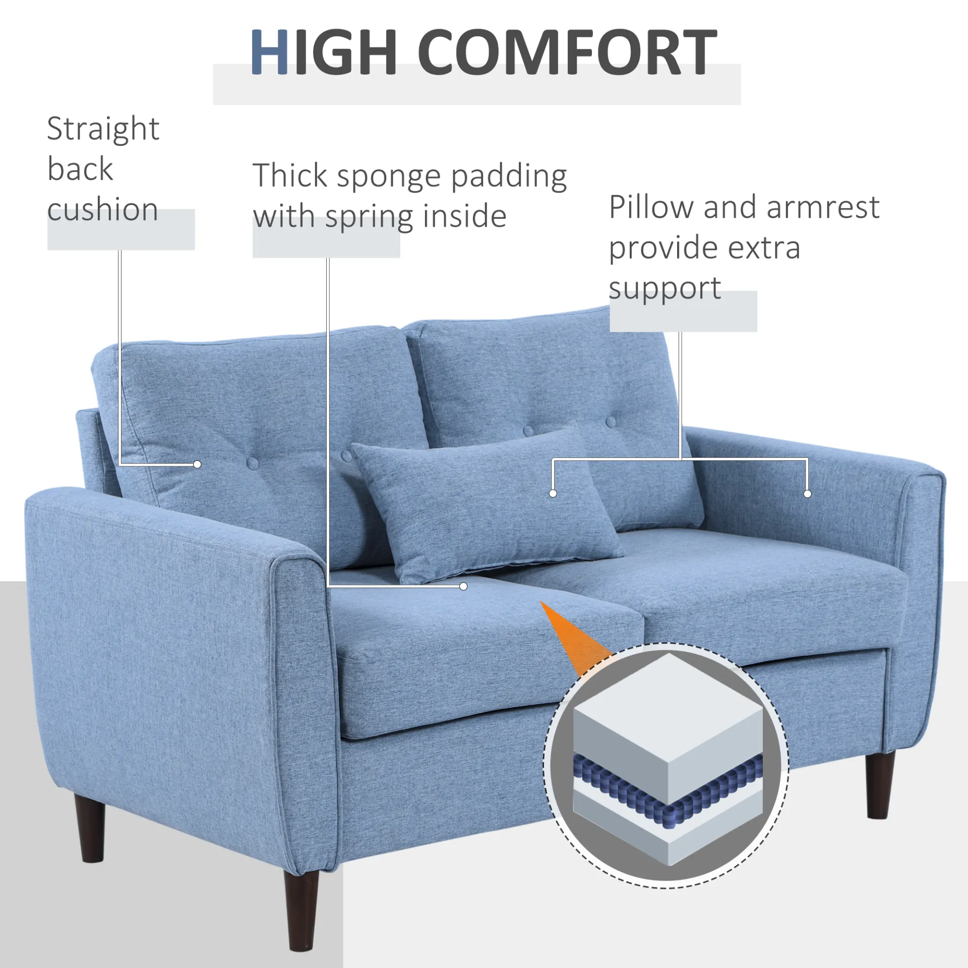 HOMCOM 2 Seat Sofa Loveseat - Light Blue Fabric, Wooden Legs, Tufted Design for Living Room, Office