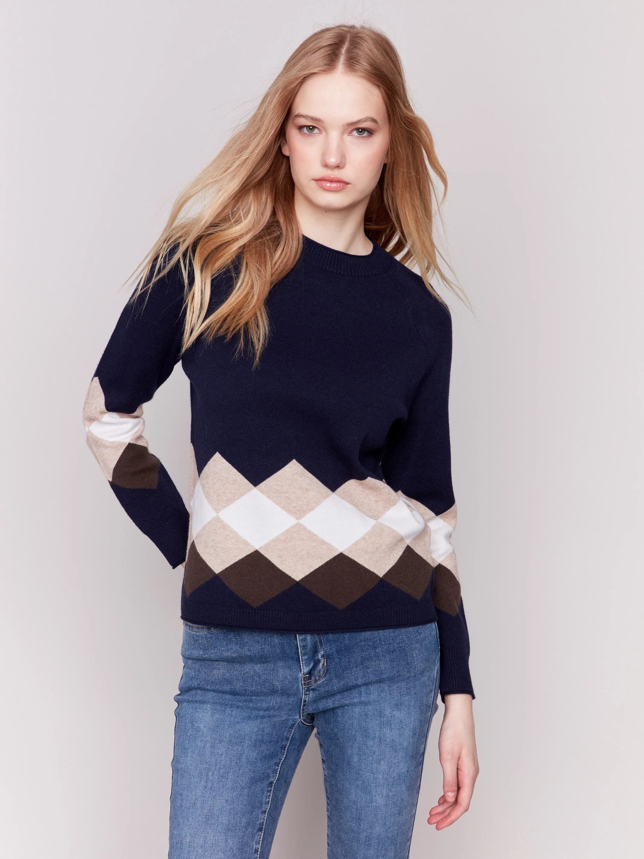 Jacquard Knit Argyle Sweater - Navy