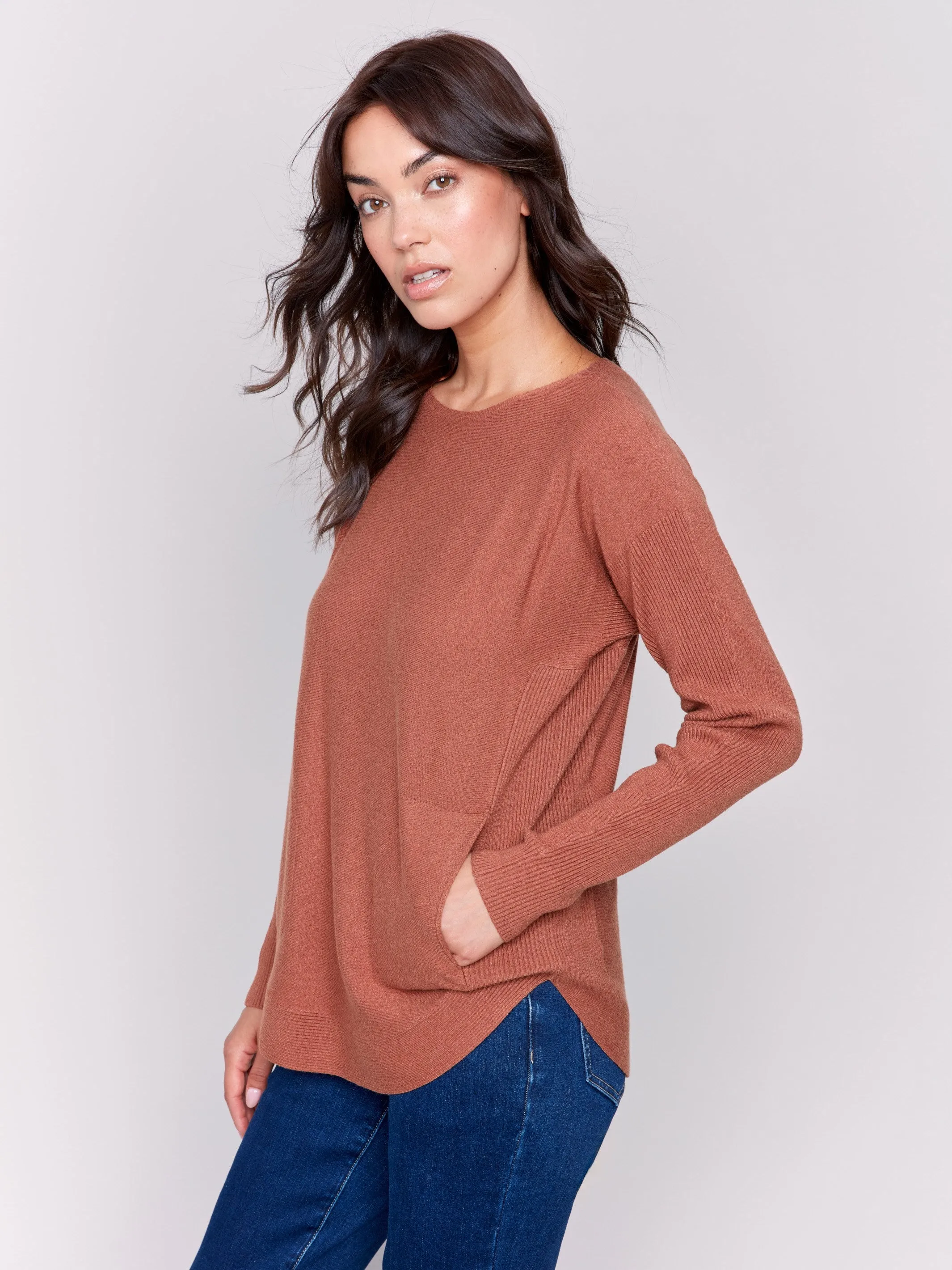 Knit Sweater with Back Detail Lace-Up - Terracotta