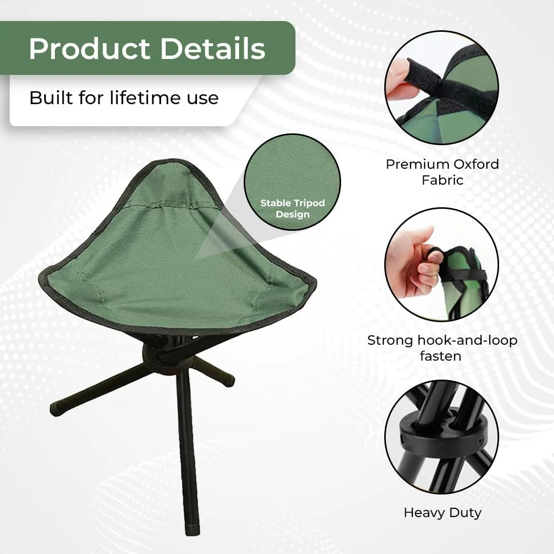 Kuber Industries Portable Stool for Travelling|Foldable Outdoor Sitting Chair|Tripod 3 Leg Chair for Camping, Picnic, Hiking|Pack of 2|Green