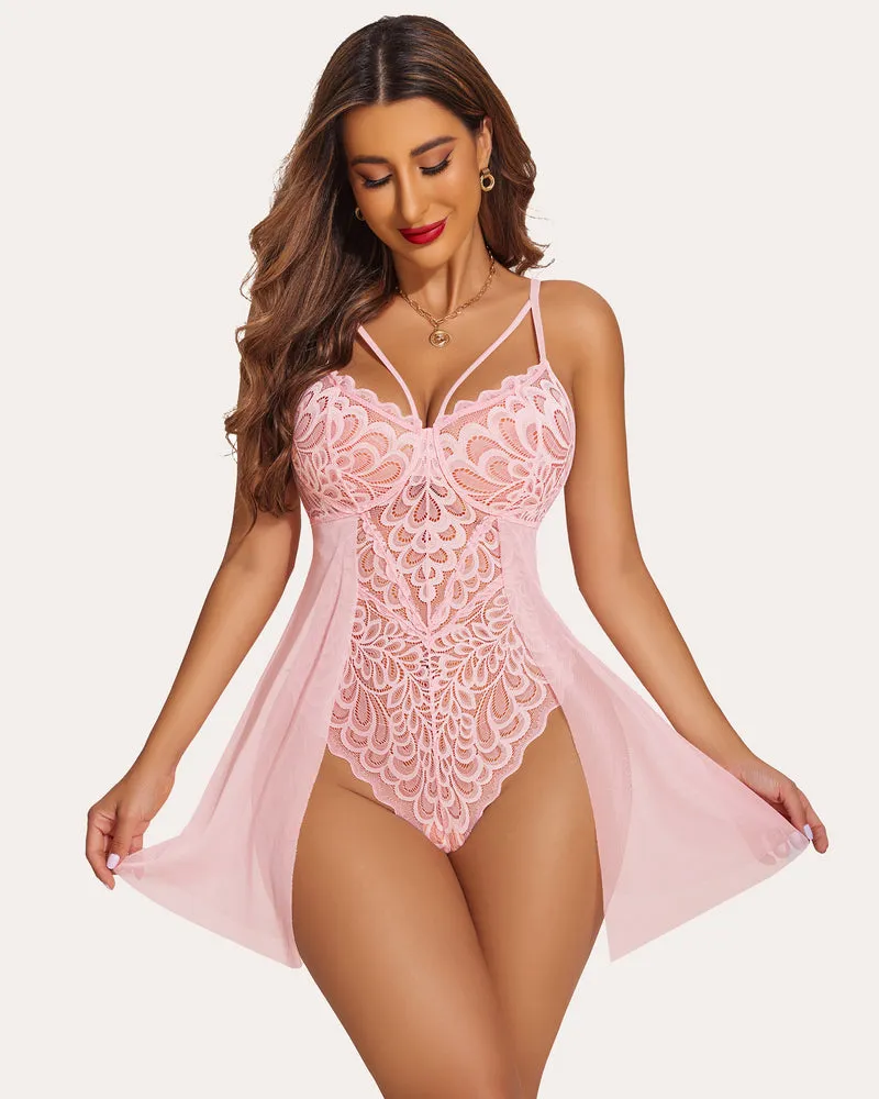 Lace Floral Print Snap Crotch Teddy