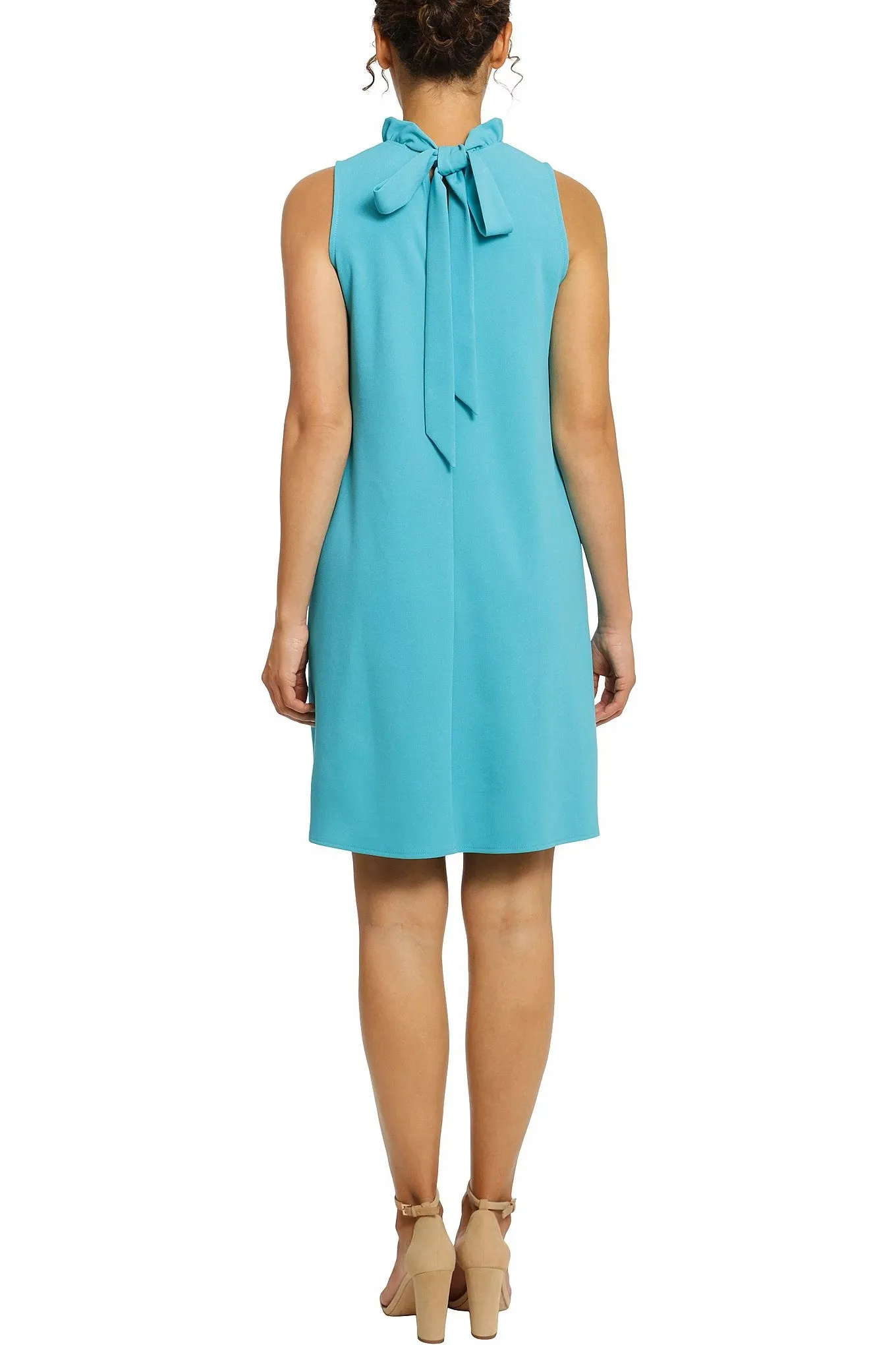 London Times Ruffle Neck Sleeveless A-Line Tie Back Crepe Dress