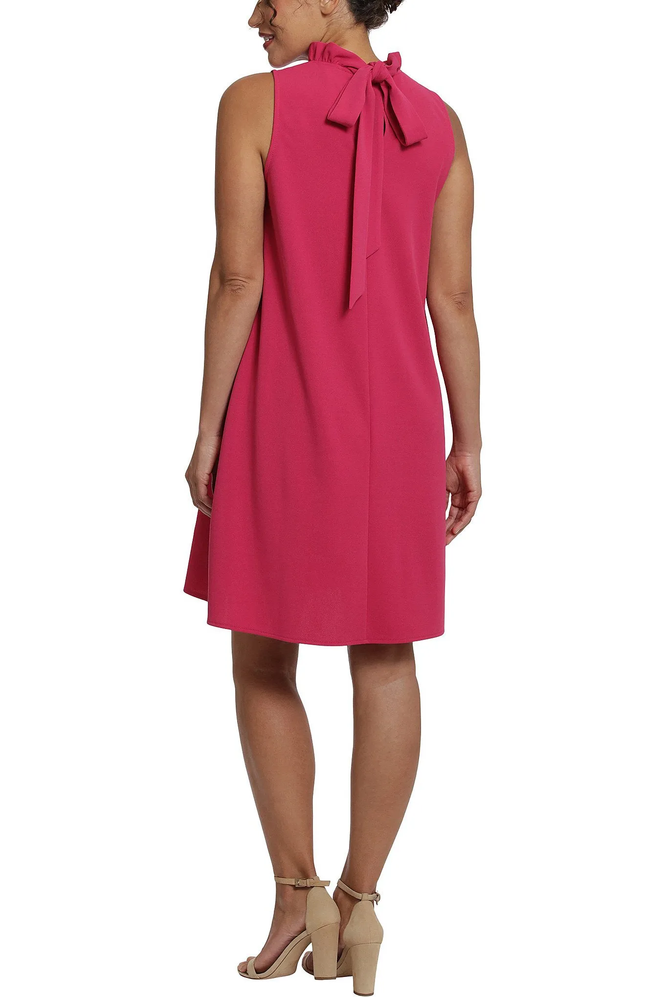 London Times Ruffle Neck Sleeveless A-Line Tie Back Crepe Dress