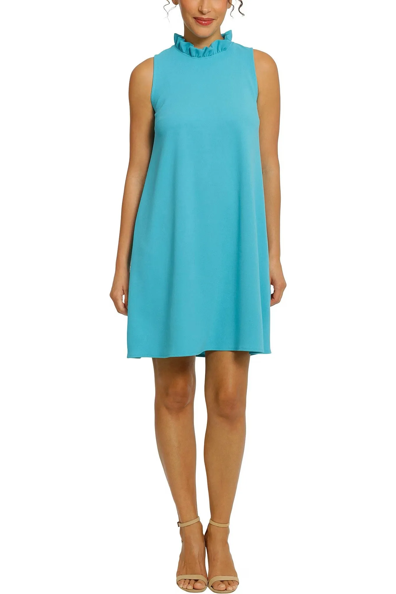 London Times Ruffle Neck Sleeveless A-Line Tie Back Crepe Dress