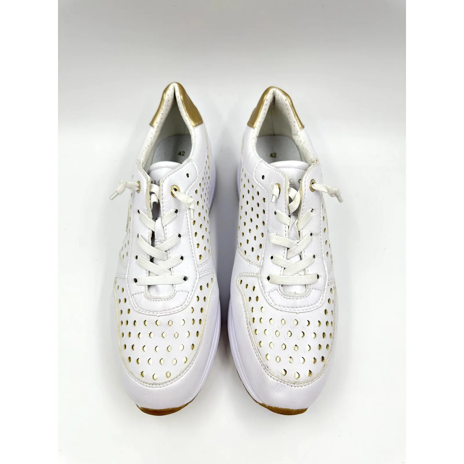 Men's Size 10, White Leather Slip-on Casual Sneakers, Cut Out Details w/ Gold