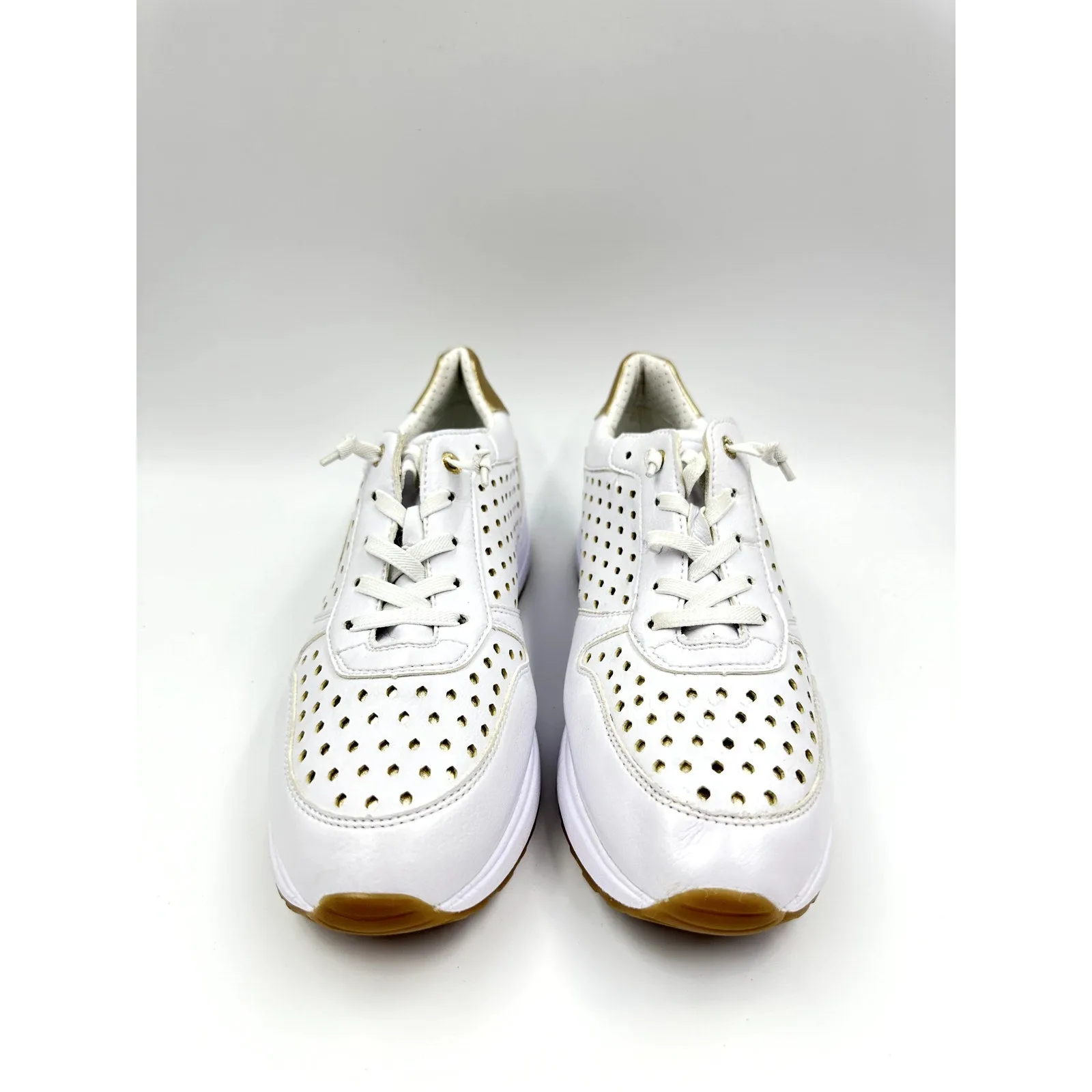 Men's Size 10, White Leather Slip-on Casual Sneakers, Cut Out Details w/ Gold