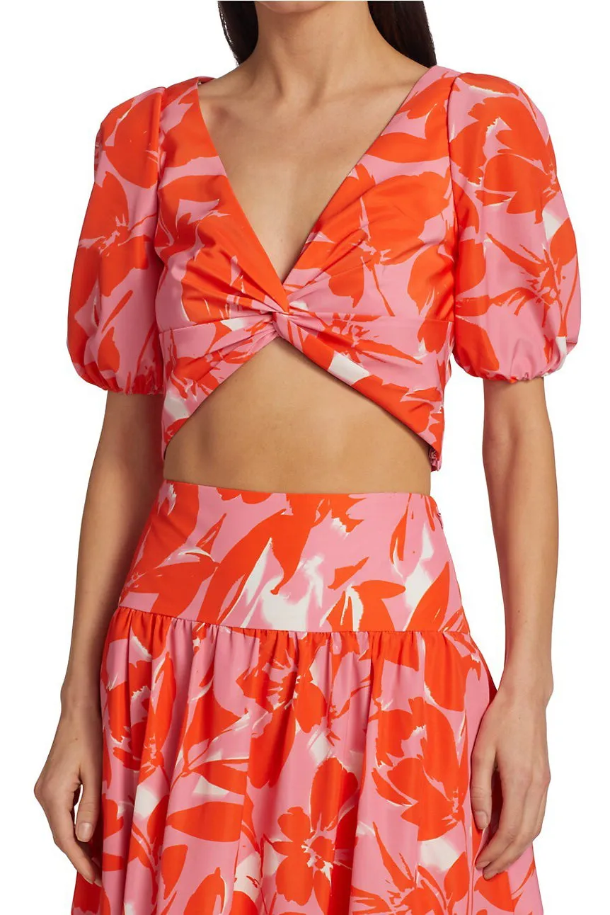 ML Monique Lhuillier V-Neck Short Sleeve Twisted Front Printed Taffeta Crop Top