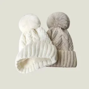 New Winter Knitting Solid Color Hat For Women Fur Pompom Thick Plush Beanie Cap Ladies Warm Ski Snow Skullies Beanies