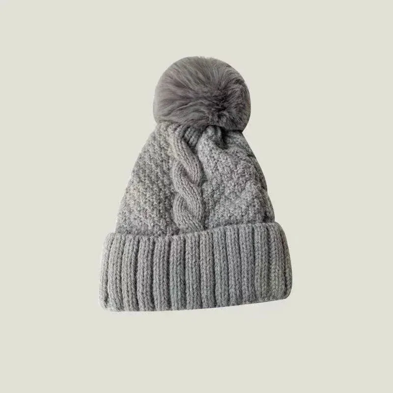 New Winter Knitting Solid Color Hat For Women Fur Pompom Thick Plush Beanie Cap Ladies Warm Ski Snow Skullies Beanies