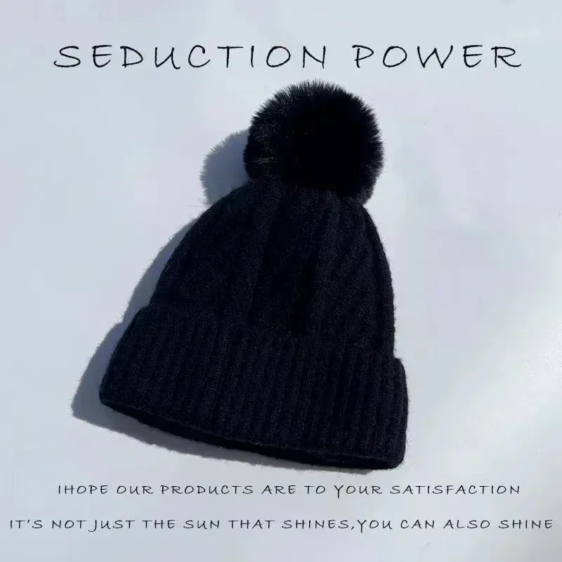 New Winter Knitting Solid Color Hat For Women Fur Pompom Thick Plush Beanie Cap Ladies Warm Ski Snow Skullies Beanies