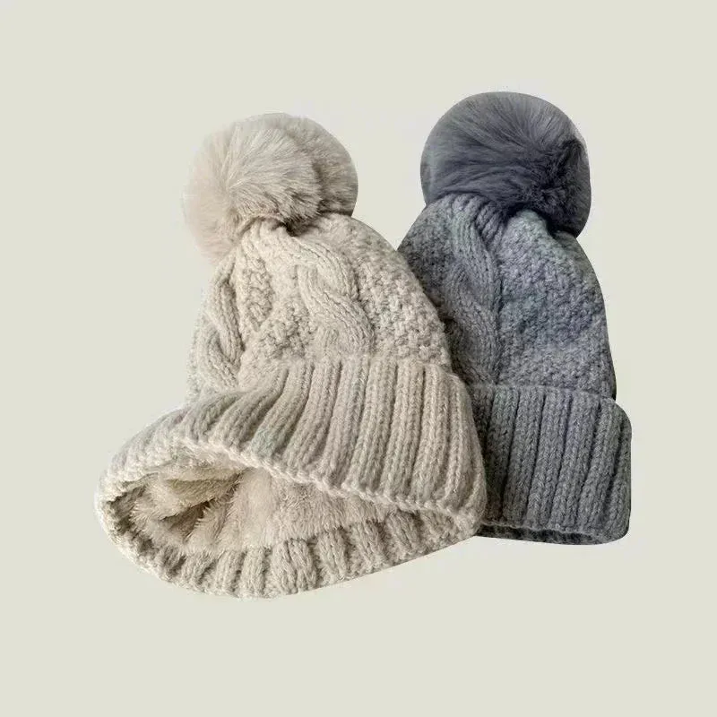 New Winter Knitting Solid Color Hat For Women Fur Pompom Thick Plush Beanie Cap Ladies Warm Ski Snow Skullies Beanies