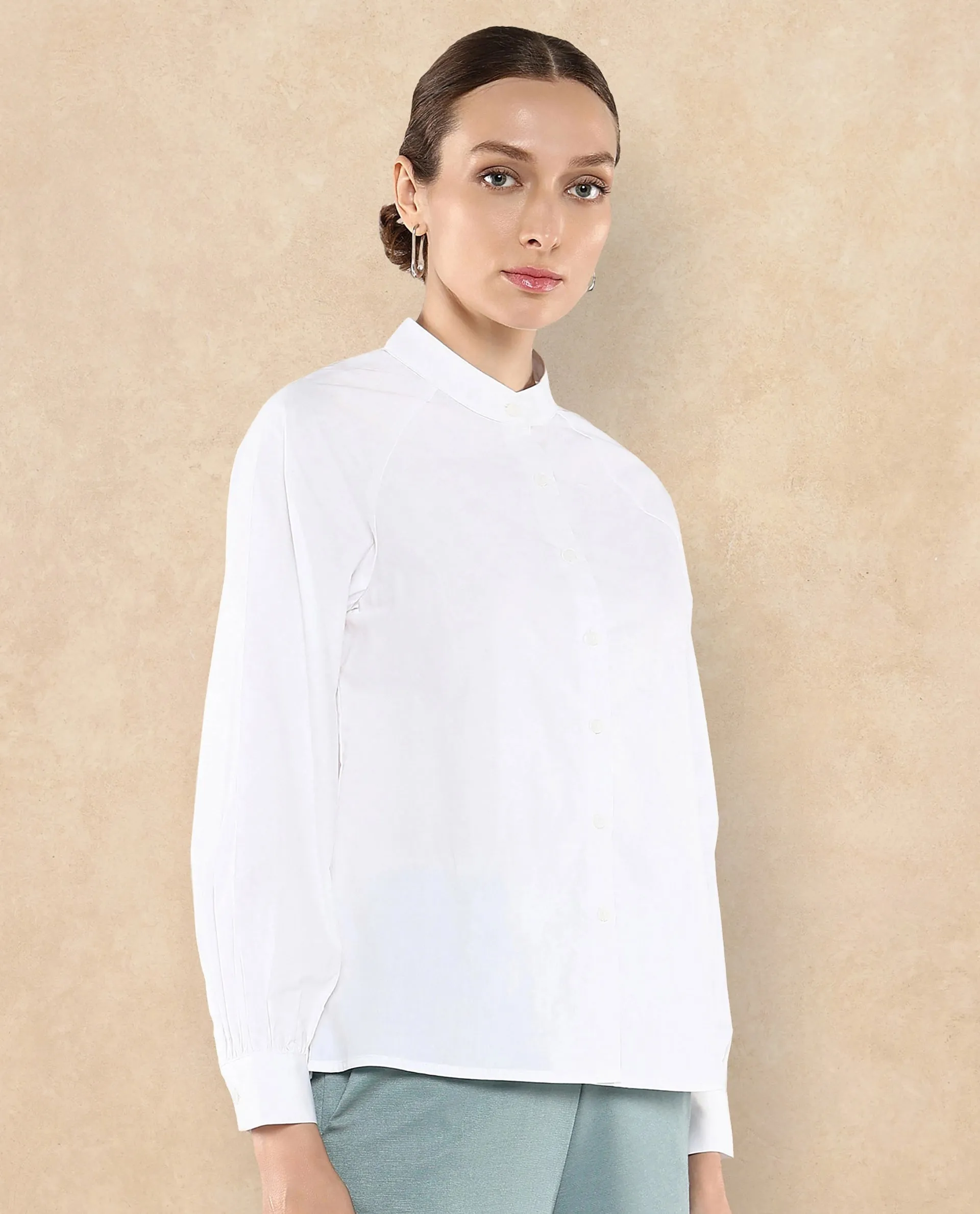 Rareism Women Bartpo White Full Sleeve Ruffled Neck Plain Top