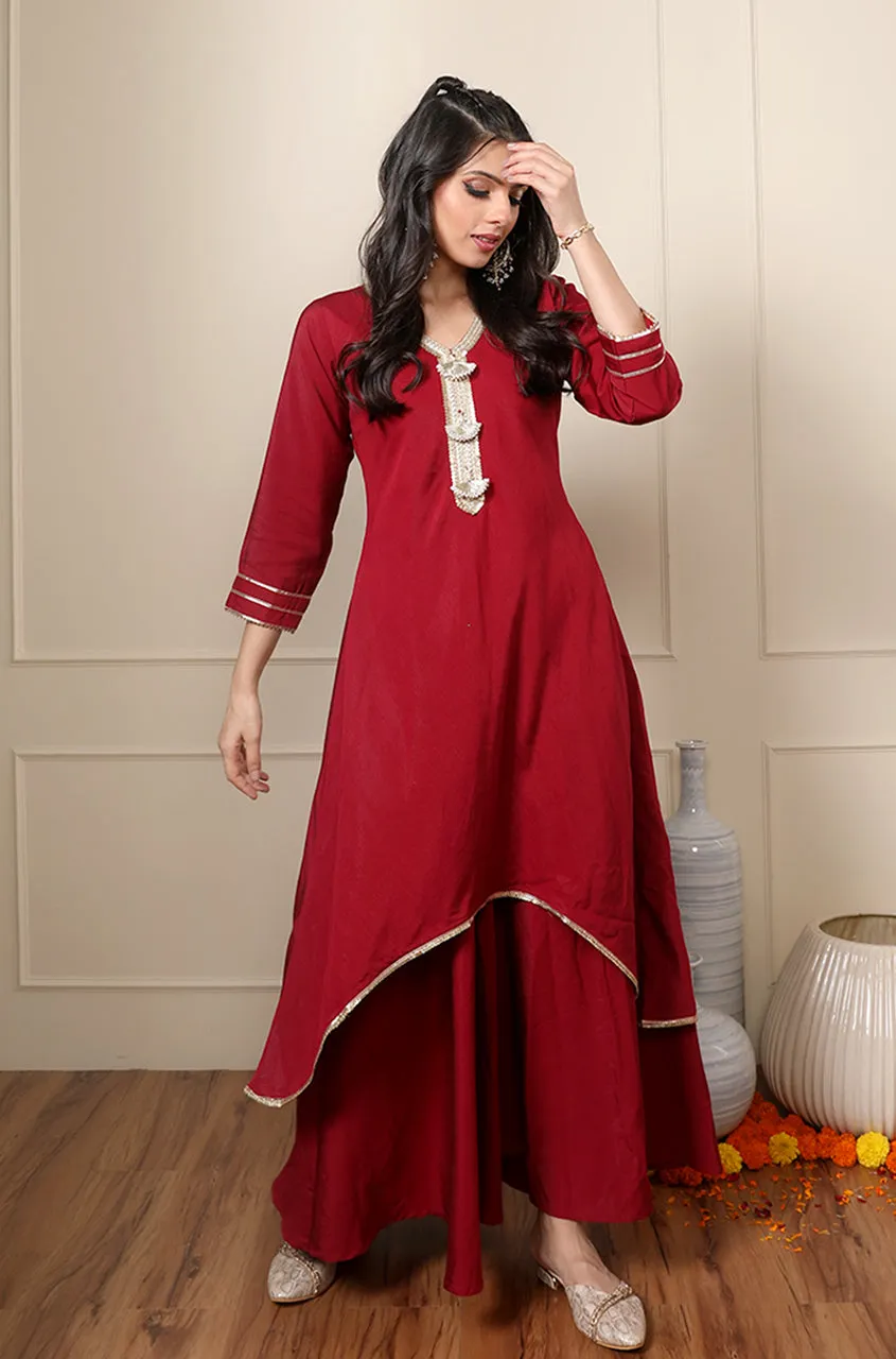 ROOH - Crimson Red Two Layered Gown