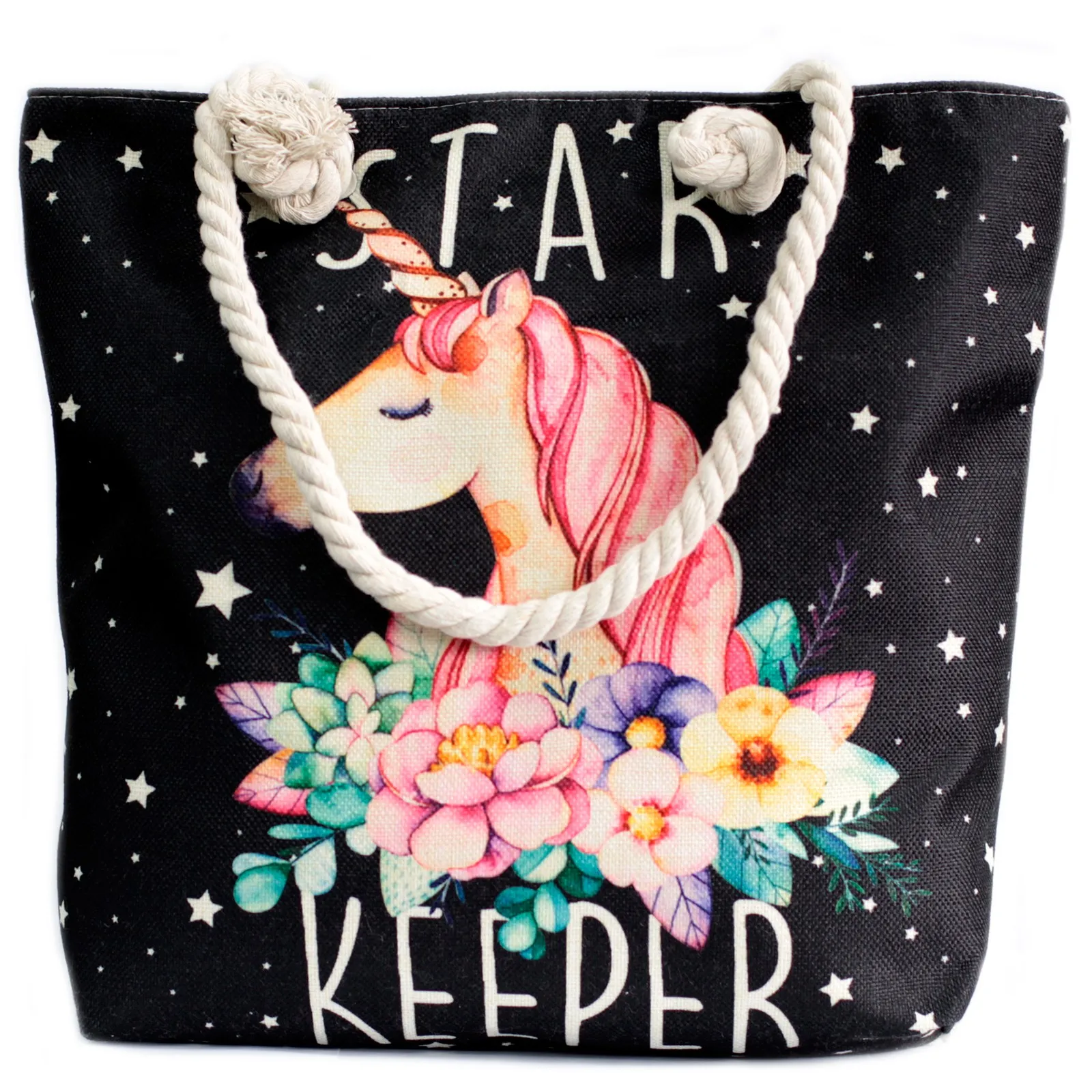 Rope Handle Bag - Star Keeper Unicorn | Durable Canvas Beach Tote with Soft Rope Handles