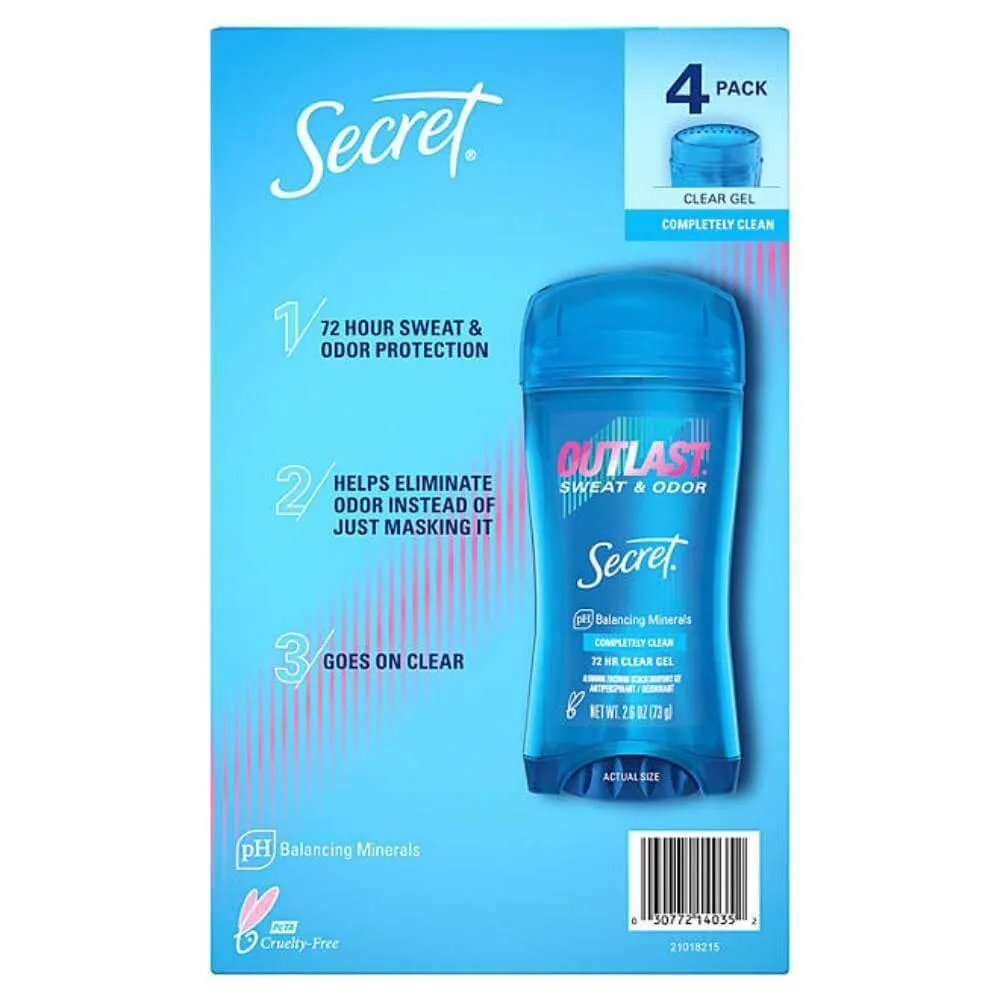 Secret - Outlast Clear Gel Deodorant, Completely Clean - 2.6 Oz - 4 Pack