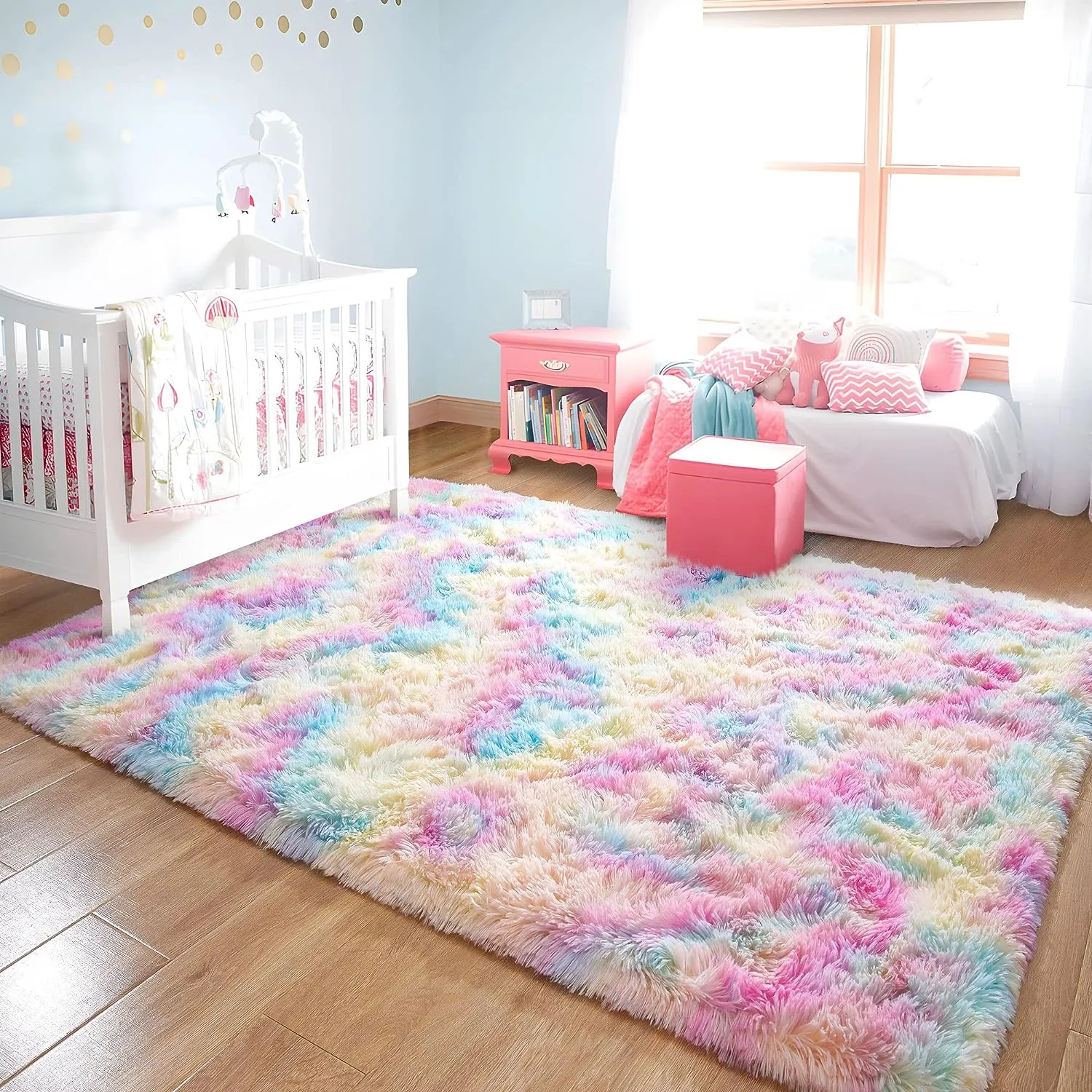 Soft Rainbow Area Rugs, Fluffy Shaggy Playing Mat for Kids Baby Girls Bedroom (Pink, 5x8 Feet)