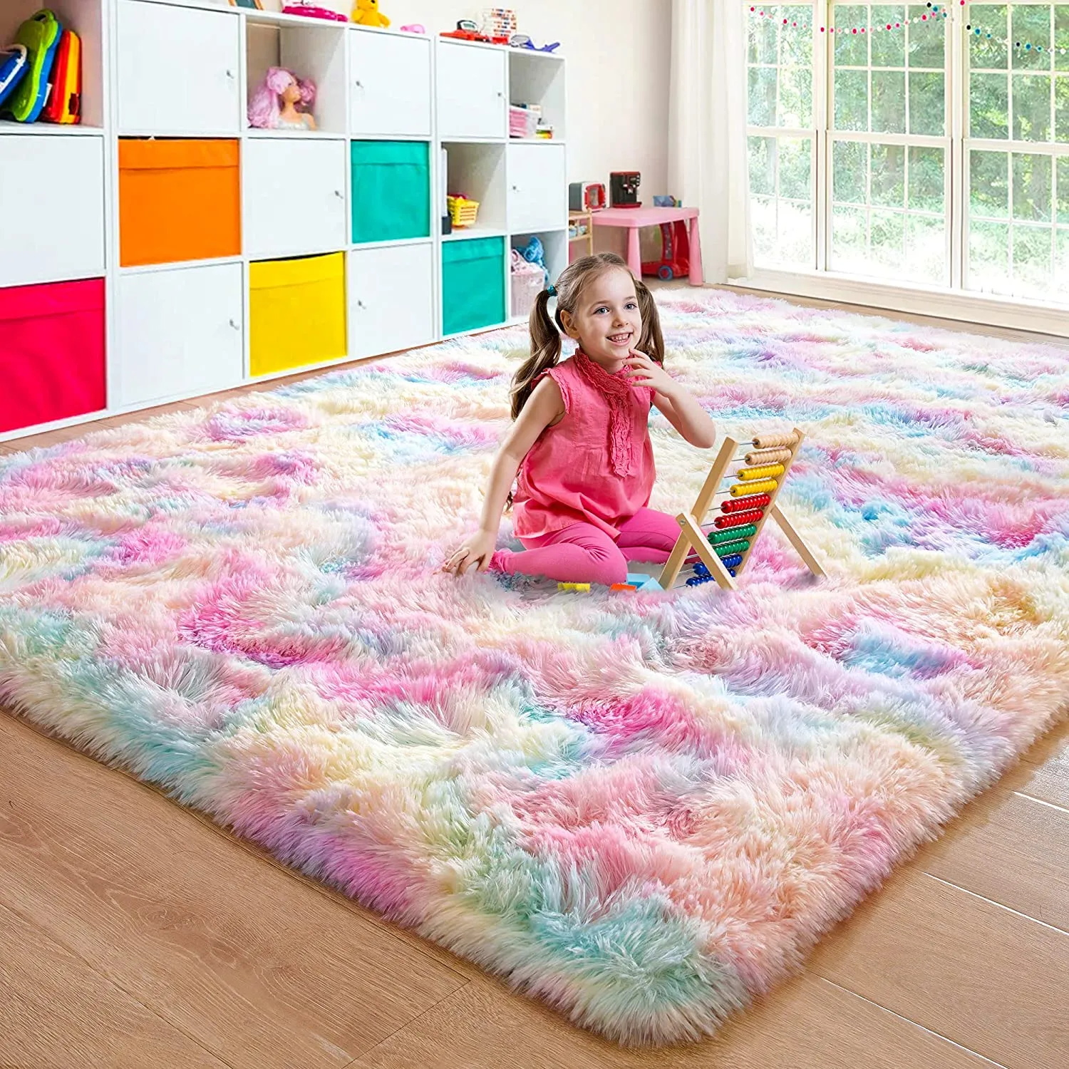 Soft Rainbow Area Rugs, Fluffy Shaggy Playing Mat for Kids Baby Girls Bedroom (Pink, 5x8 Feet)