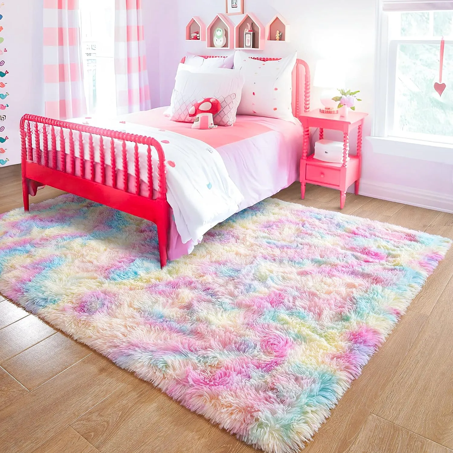 Soft Rainbow Area Rugs, Fluffy Shaggy Playing Mat for Kids Baby Girls Bedroom (Pink, 5x8 Feet)