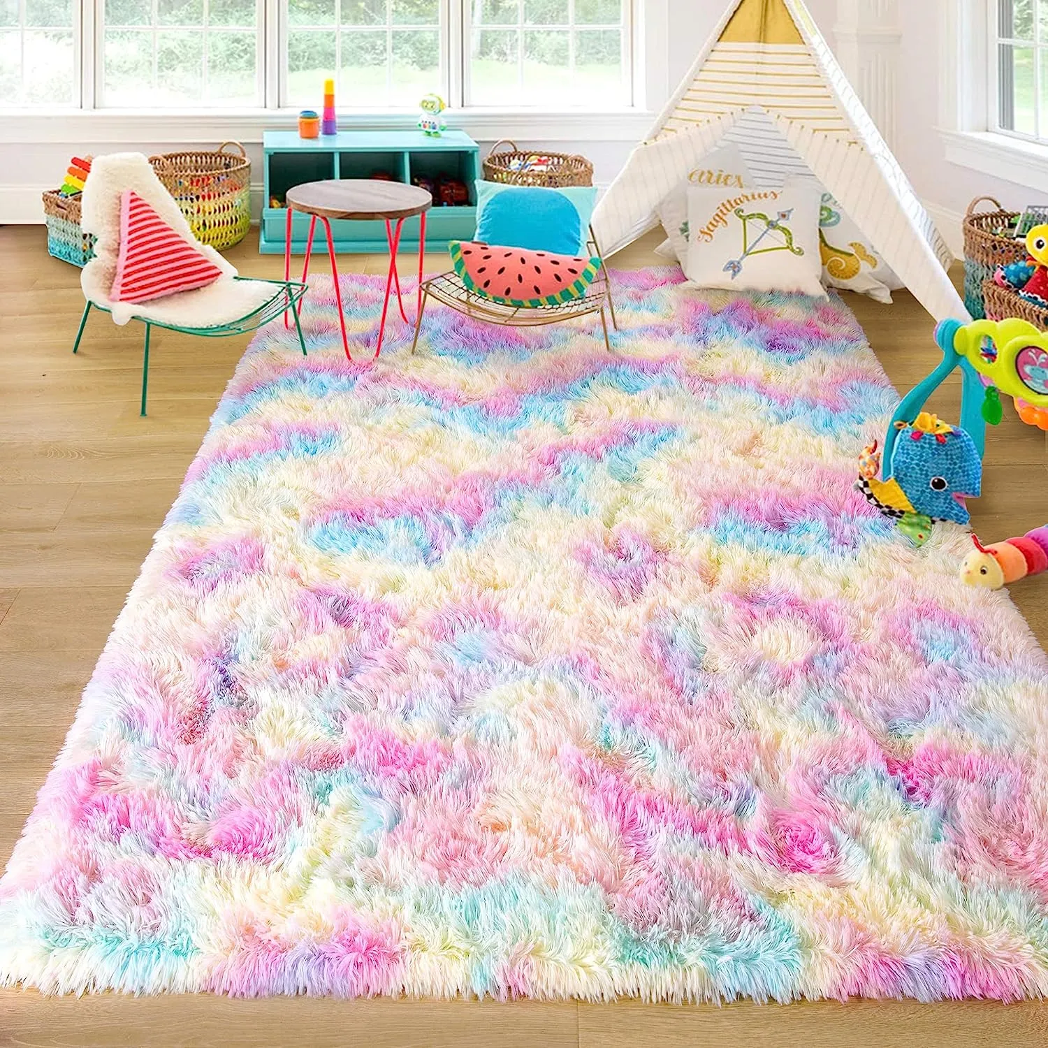 Soft Rainbow Area Rugs, Fluffy Shaggy Playing Mat for Kids Baby Girls Bedroom (Pink, 5x8 Feet)