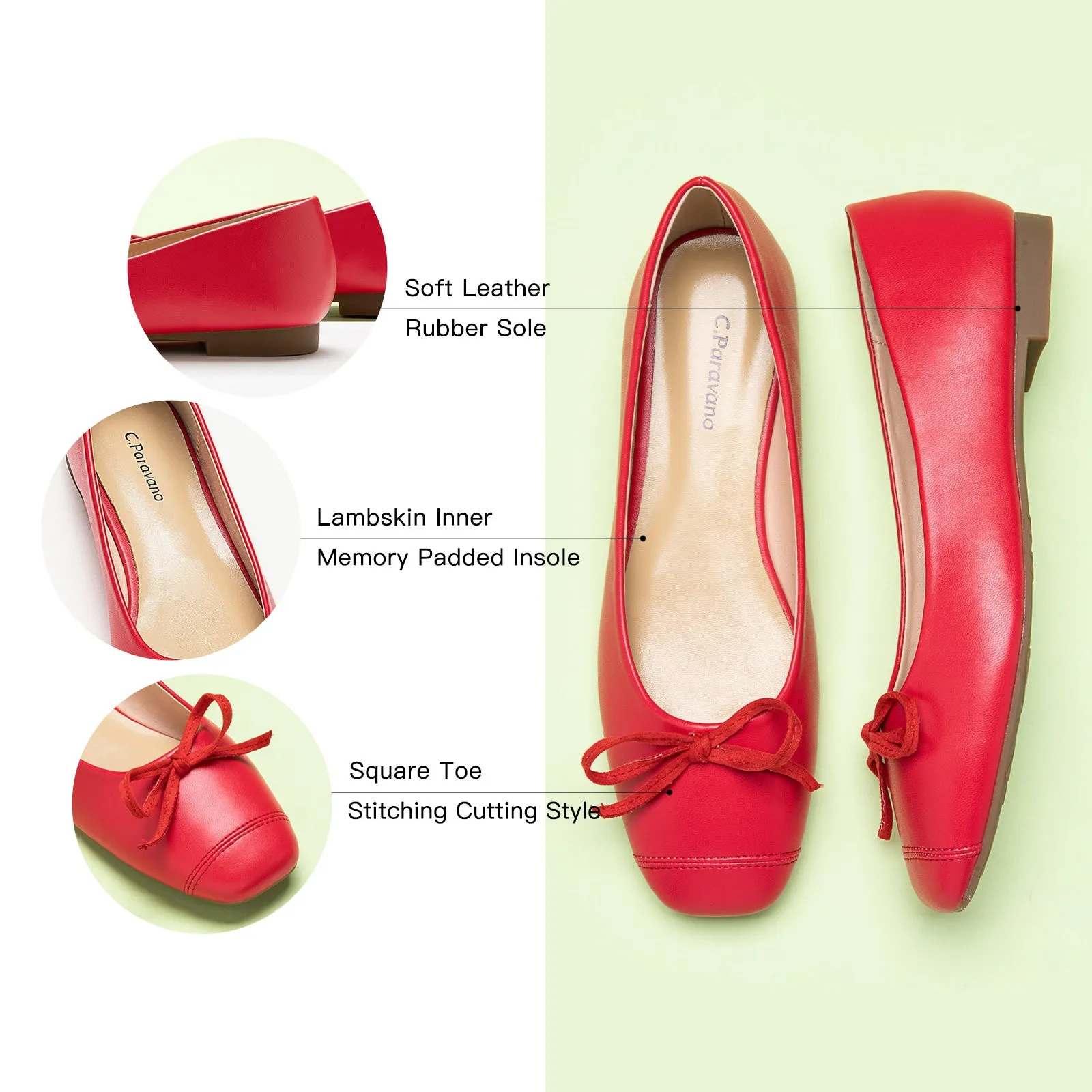 Stitching Toe Ballet Flats (Elena) Red