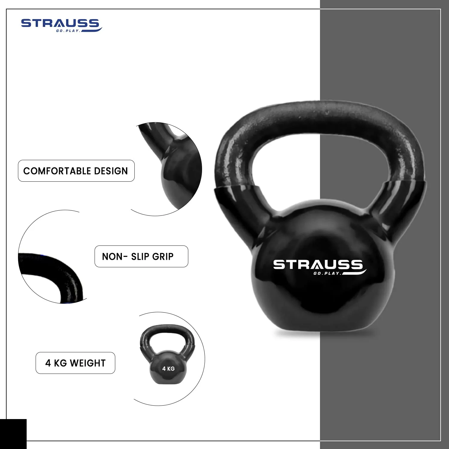 Strauss Premium Vinyl Kettlebell Weight for Men & Women | 12 Kg | Ideal for Home Workout, Yoga, Pilates, Gym Exercises | Non-Slip, Easy to Hold, Scratch Resistant (Black)