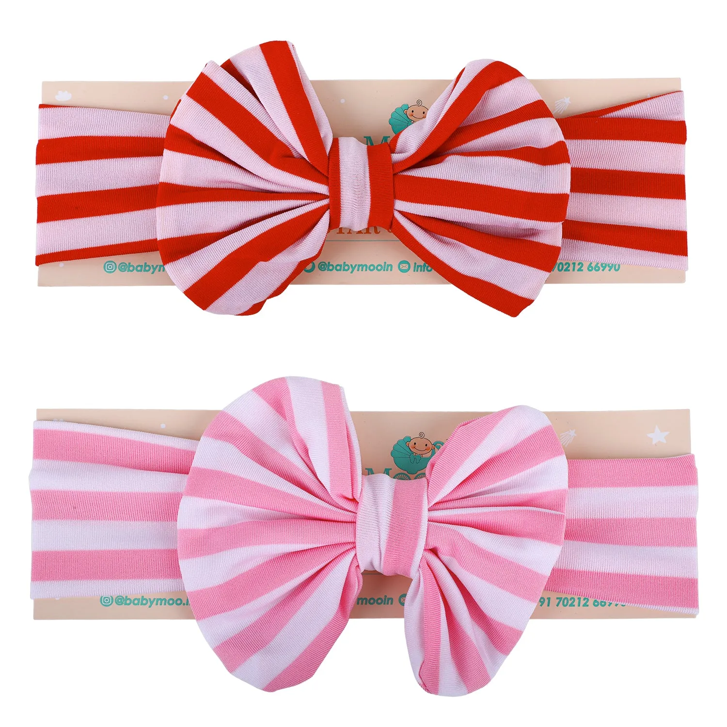 Stripes Soft Bow Headbands 2 Pcs - Red, Pink