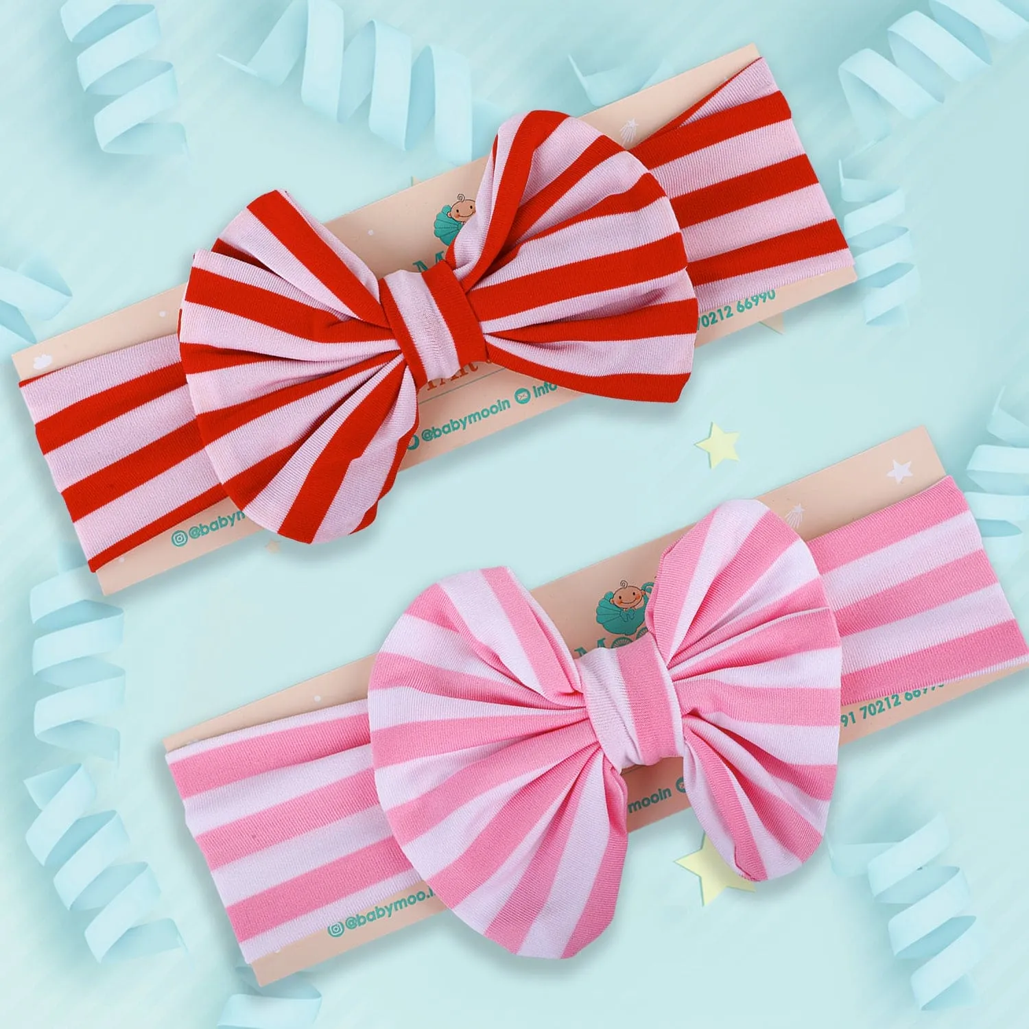 Stripes Soft Bow Headbands 2 Pcs - Red, Pink