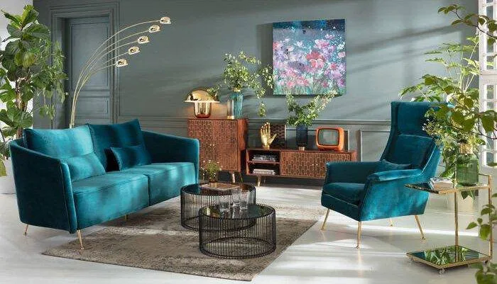 Vegas Forever Blue/Green Velvet 3 Seater Sofa