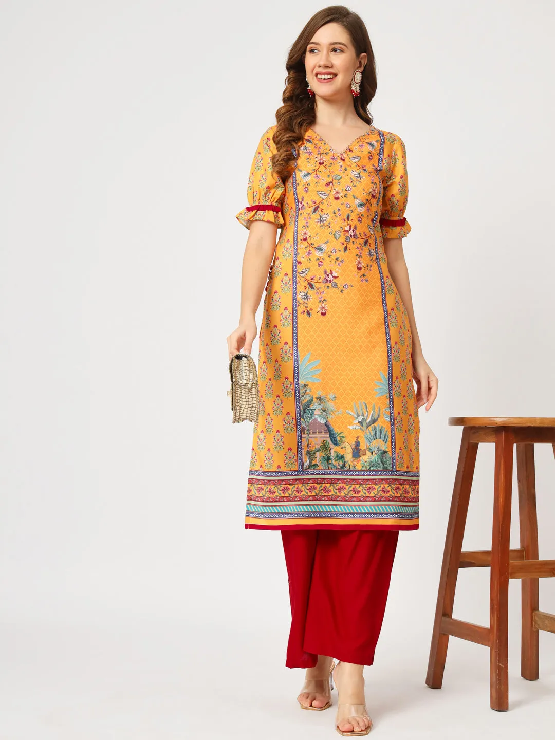 Wedding Inspired Digital Printed Kurta With Laced V-Neckline